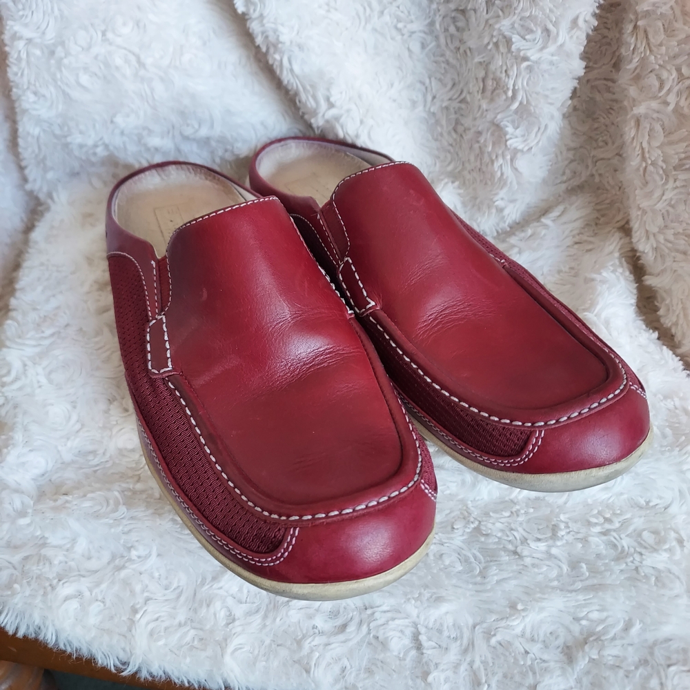 Timberland Smart Comfort Red Burgundy Leather Slip-ons Mules Loafers Sz 6 Travel